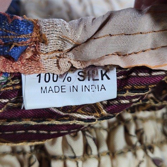 Maxi Dress Womens Small 100% Silk Patchwork Boho Smocked Tiered Boho Festival - Picture 7 of 10